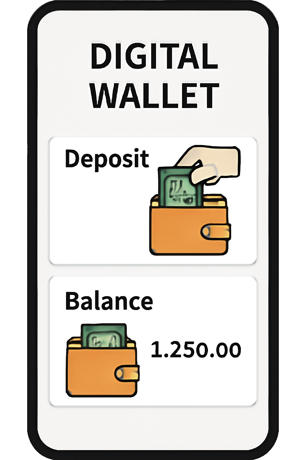 A digital wallet interface on a mobile screen, highlighting the 'Deposit' and 'Balance' sections, simple and clear layout