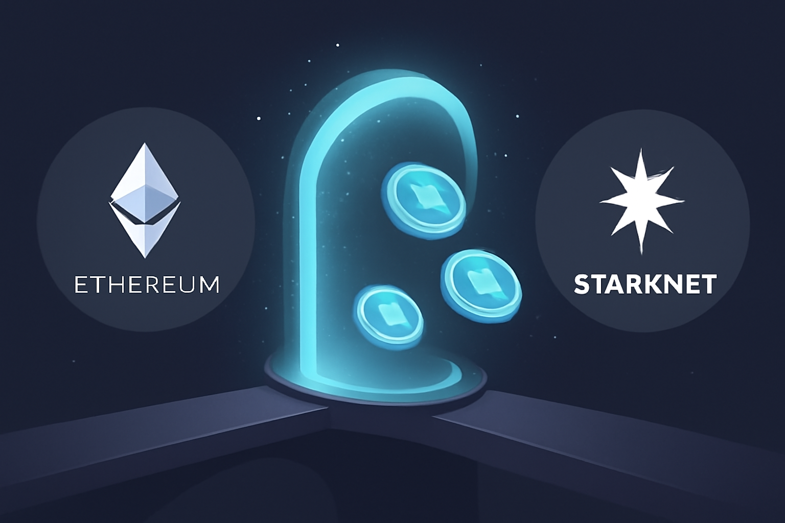 Blockchain bridge visualization, ETH tokens flowing from Ethereum to Starknet, glowing portal, sci-fi aesthetic