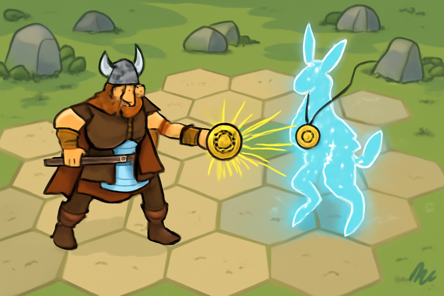 Turn-based battle hex grid, Viking summoning amulet on glowing Vera creature, Norse fantasy art, dynamic action