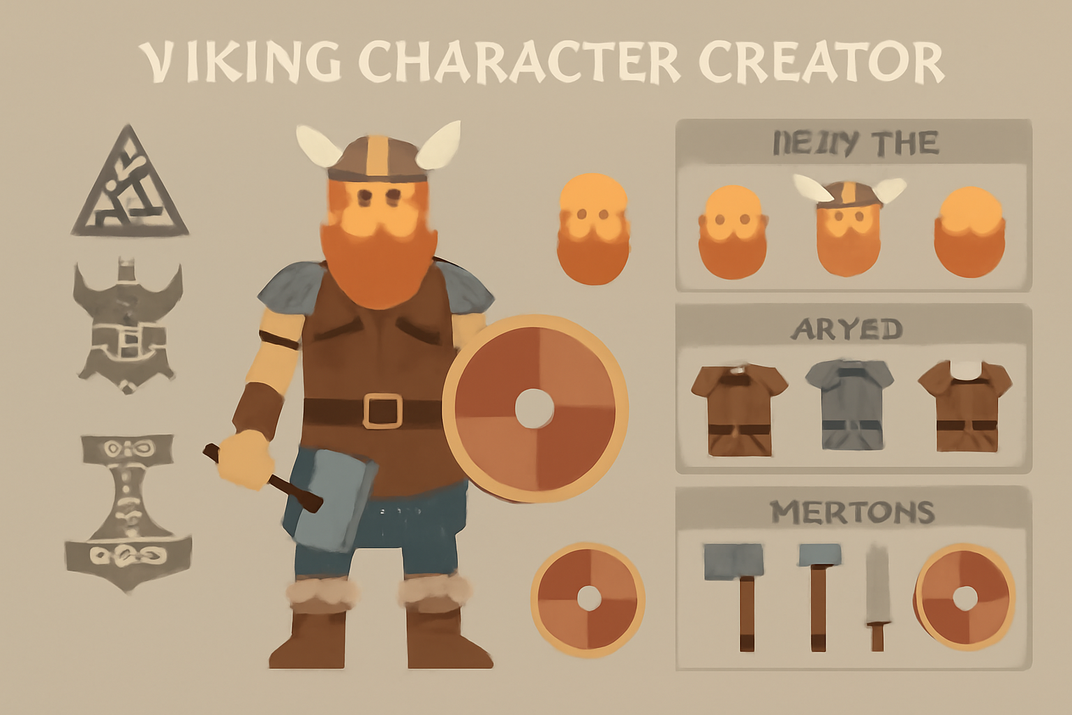 Viking character creator interface, Norse mythology elements, customizable armor and weapons, game UI