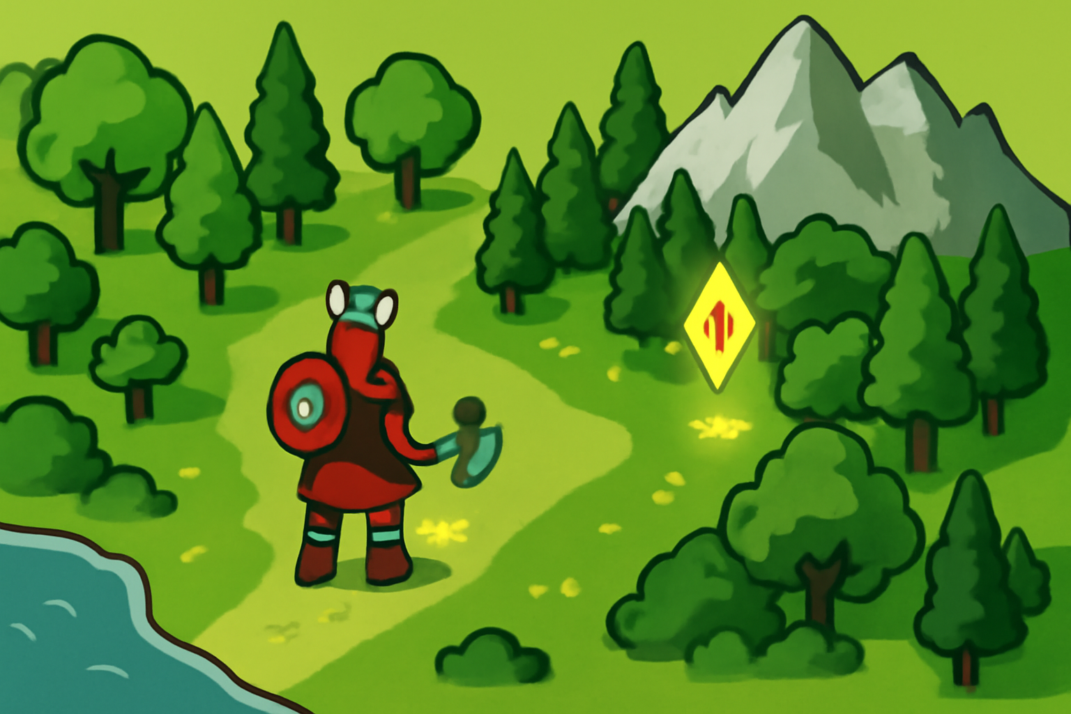 Player Viking exploring lush Norse island, forests and mountains, quest marker glowing, isometric game view