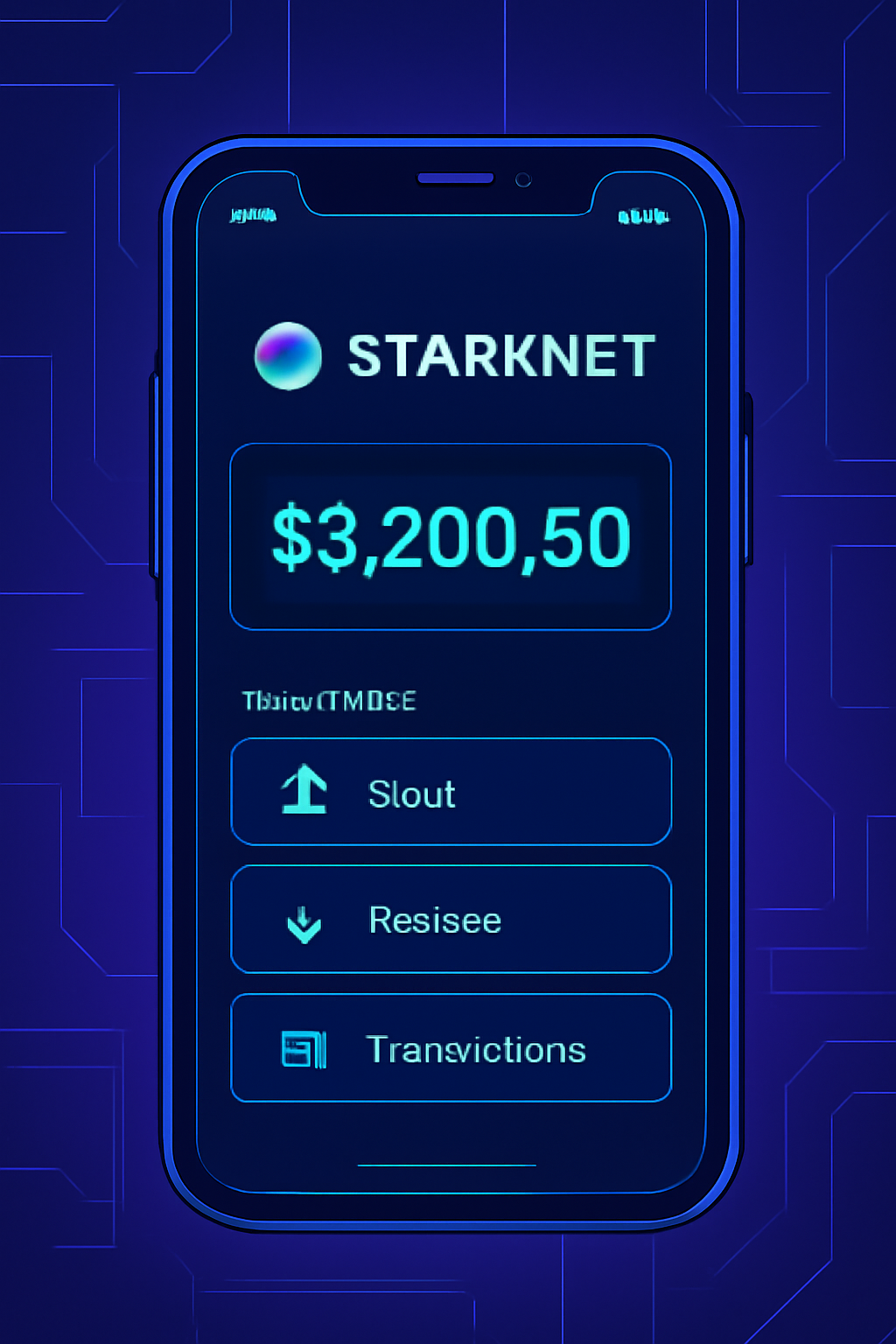 Starknet wallet app on phone screen, futuristic UI, cyberpunk style, clean design