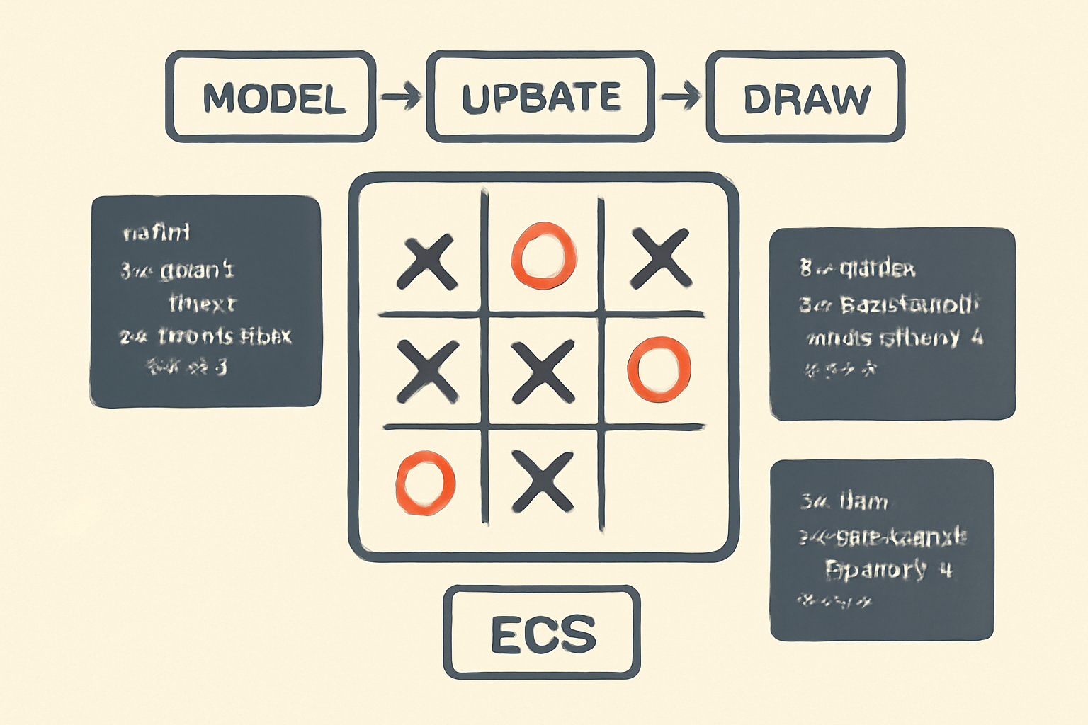 tic-tac-toe board with X O marks, MUD ECS architecture overlay, code snippets floating