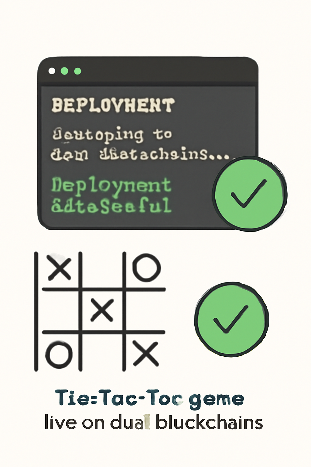 deployment terminal success, tic-tac-toe game live on dual blockchains, checkmarks