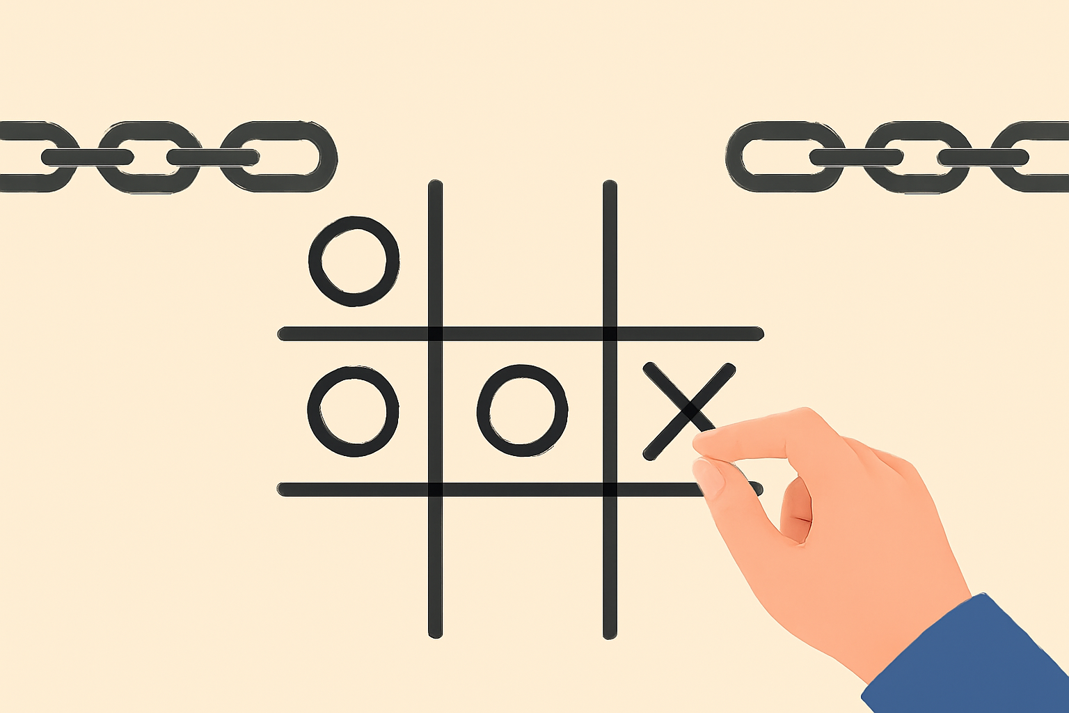 player hand placing X on tic-tac-toe, chains bridging in background, real-time sync animation