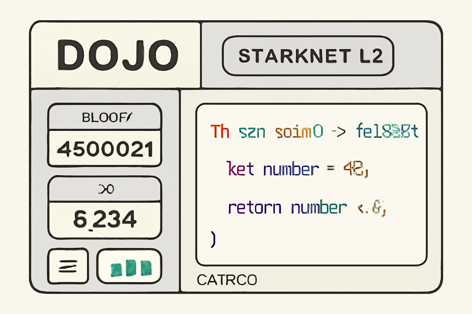 Dojo engine dashboard, Starknet L2 network, Cairo code syntax highlighted