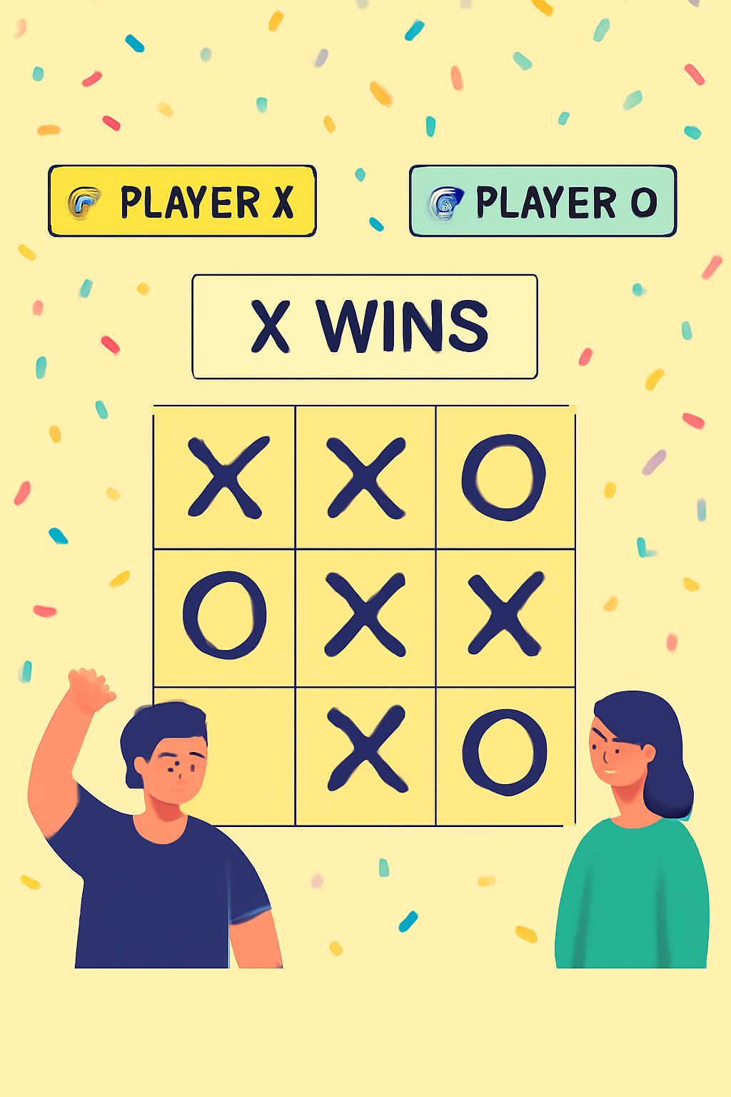 finished tic-tac-toe game UI, players competing cross-chain, celebration confetti