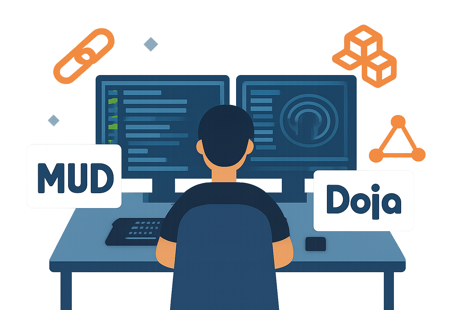developer workstation with blockchain icons, MUD and Dojo logos, dual monitors, futuristic UI