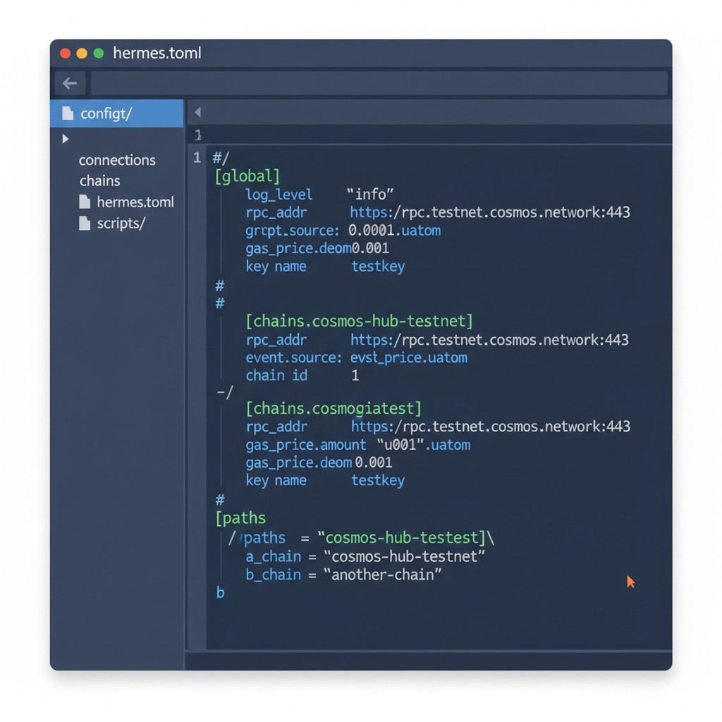 code editor with hermes.toml config for cosmos hub testnet