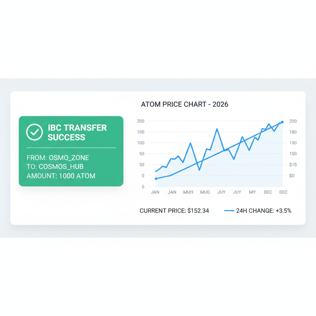 dashboard showing IBC transfer success and ATOM price chart 2026