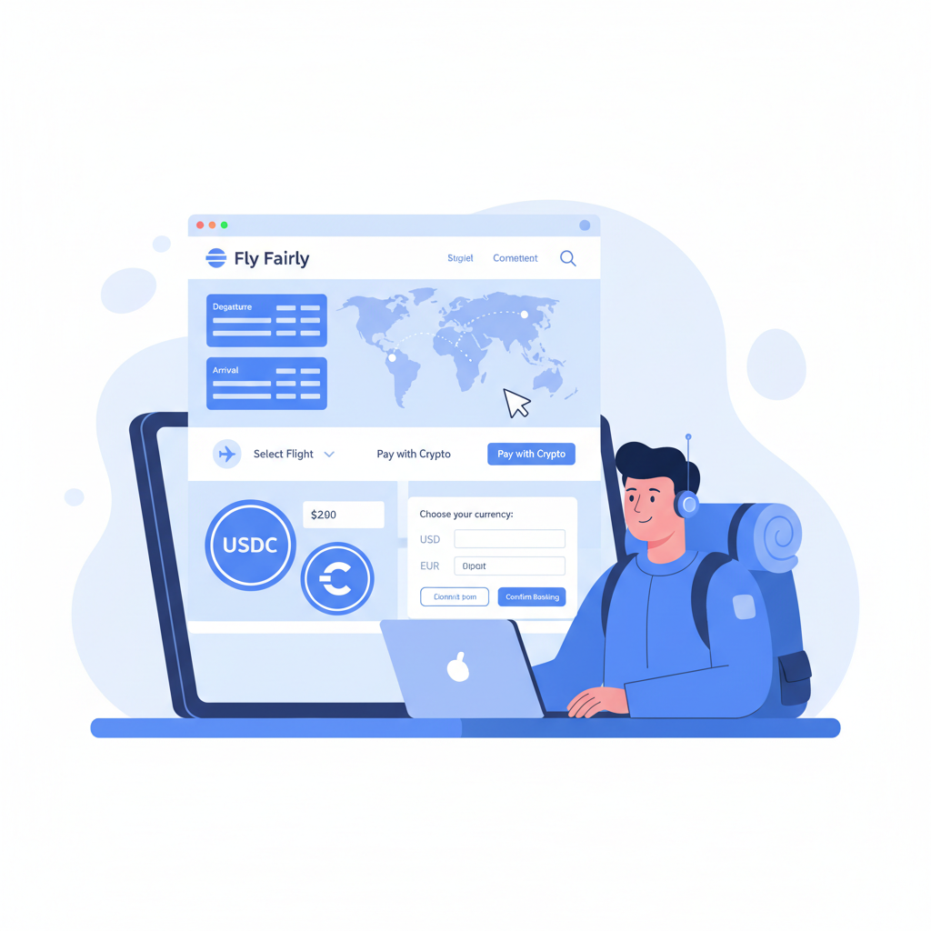 crypto traveler selecting flight on Fly Fairly website, USDC icons, modern interface, blue tones