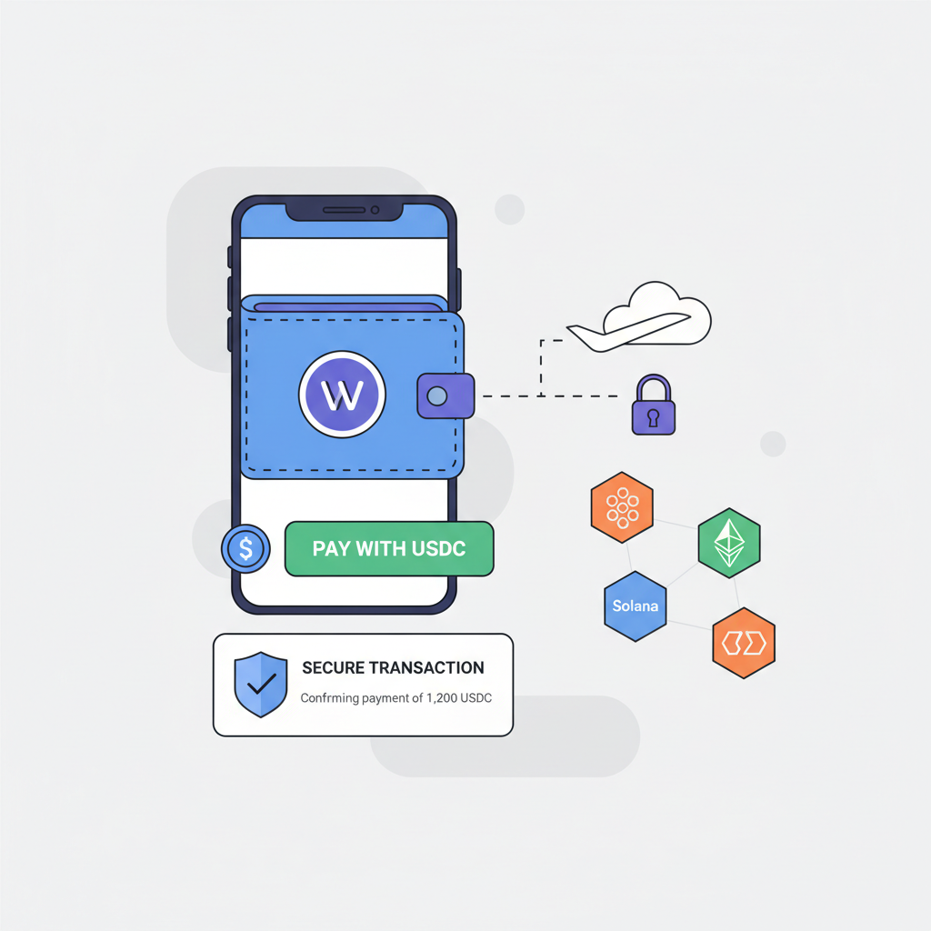 wallet connecting to pay flight with USDC, blockchain network icons, secure transaction screen