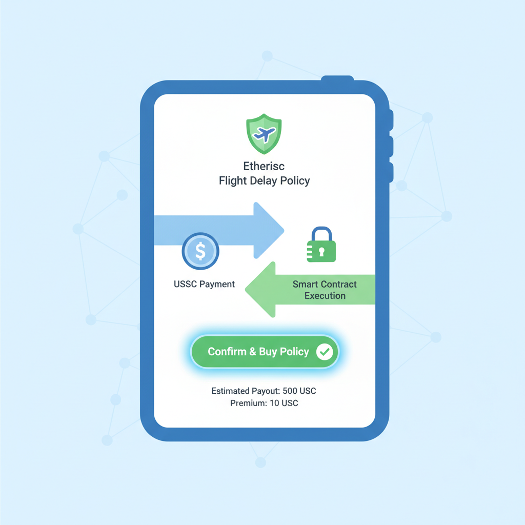 buying Etherisc flight delay policy with USDC, smart contract interface, insurance shield icon