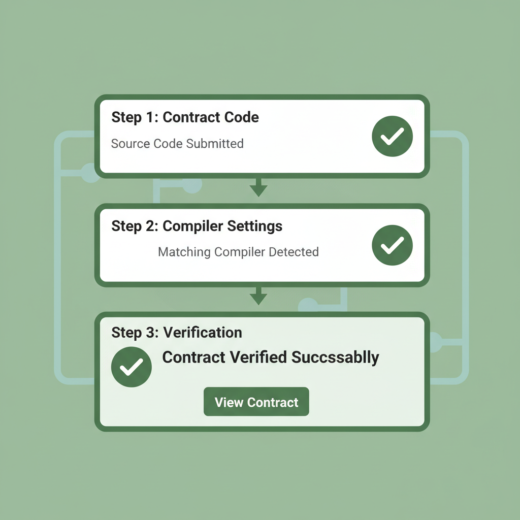 verifying smart contract on blockchain explorer, Etherscan interface, checkmarks, green tones