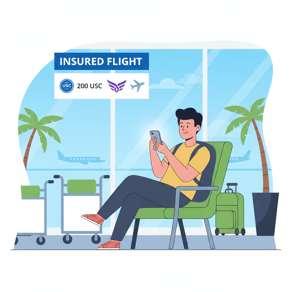 traveler at airport with phone showing insured flight, USDC and Etherisc logos, relaxed vibe