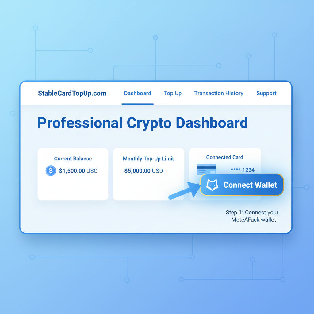 Clean web interface of StableCardTopUp.com with MetaMask wallet connection button highlighted, professional crypto dashboard, blue tones