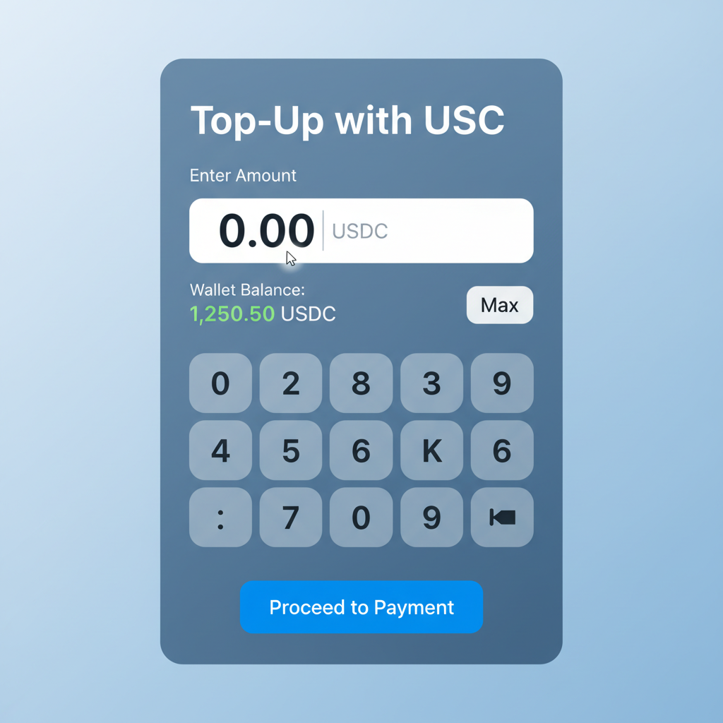 Input field on crypto top-up site for entering USDC amount, wallet balance visible, simple numeric keypad overlay