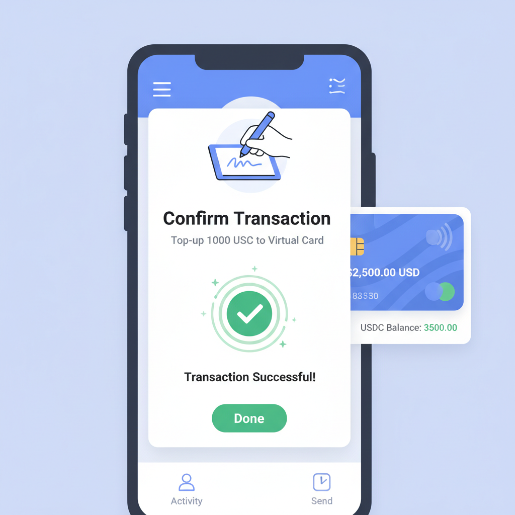 Wallet signature popup confirming USDC top-up transaction, success animation with virtual card balance update