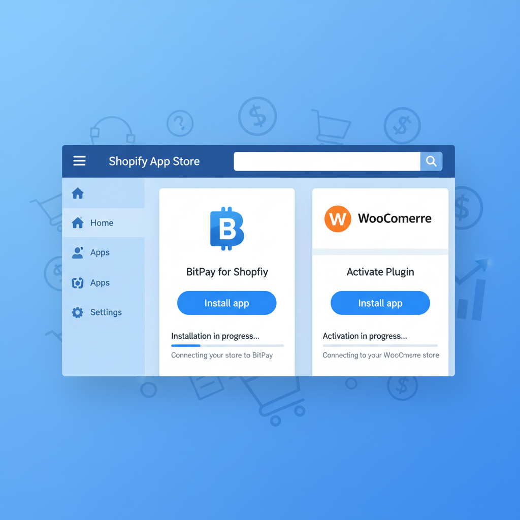 shopify app store installation screen showing BitPay plugin, or WooCommerce plugin activation, blue tones, ecommerce theme