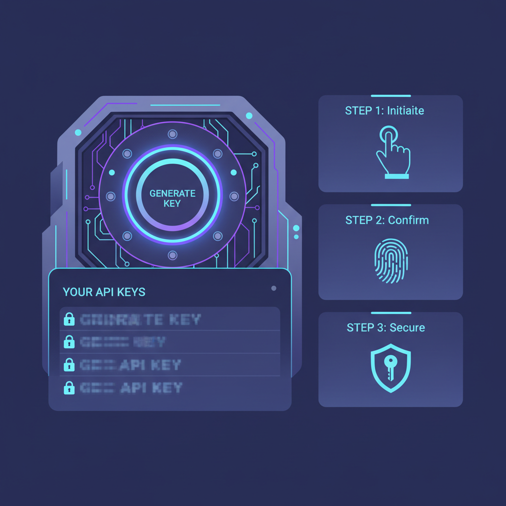 crypto API key generation interface, secure vault style, keys blurred for safety, modern dashboard