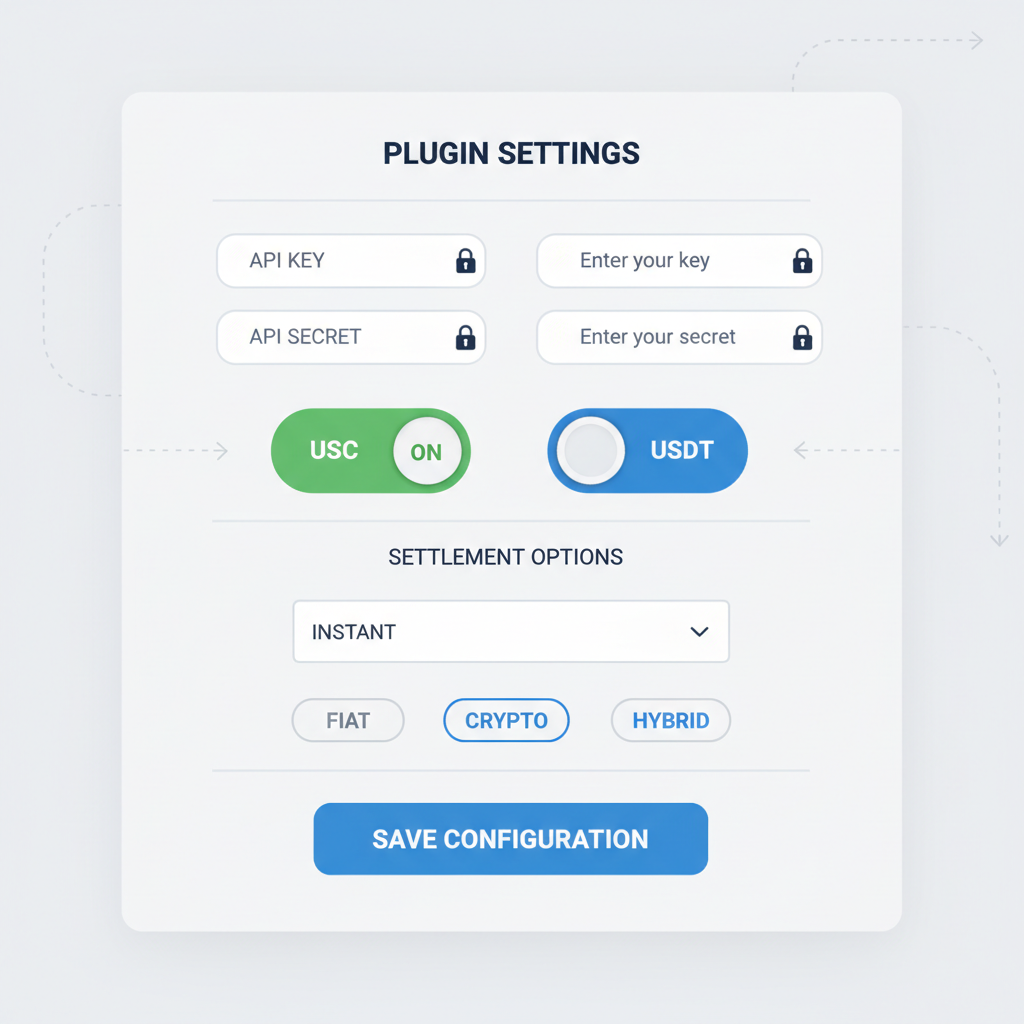 plugin configuration panel with API fields, USDC USDT toggles, settlement options, precise UI