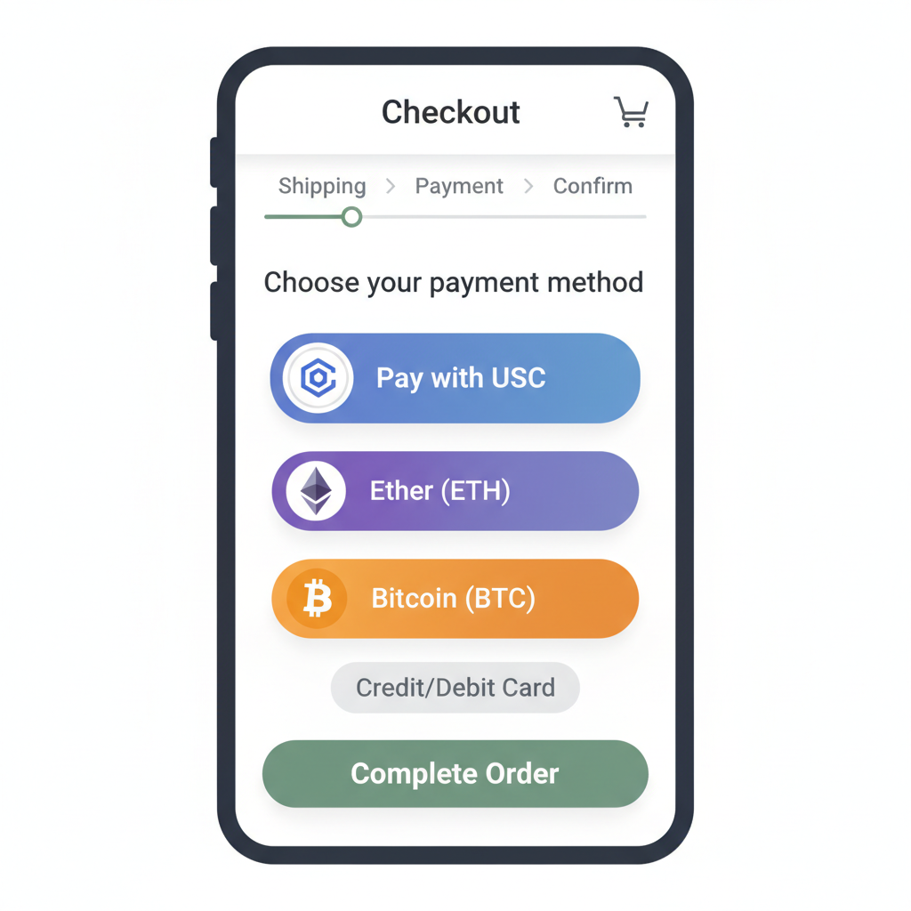 ecommerce checkout page showing crypto payment options, USDC button prominent, mobile responsive