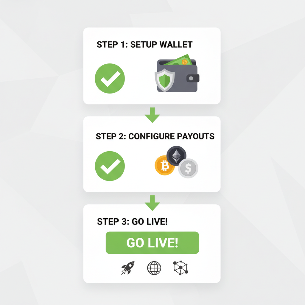 checklist graphic with green ticks, crypto payout icons, go-live button, professional infographic