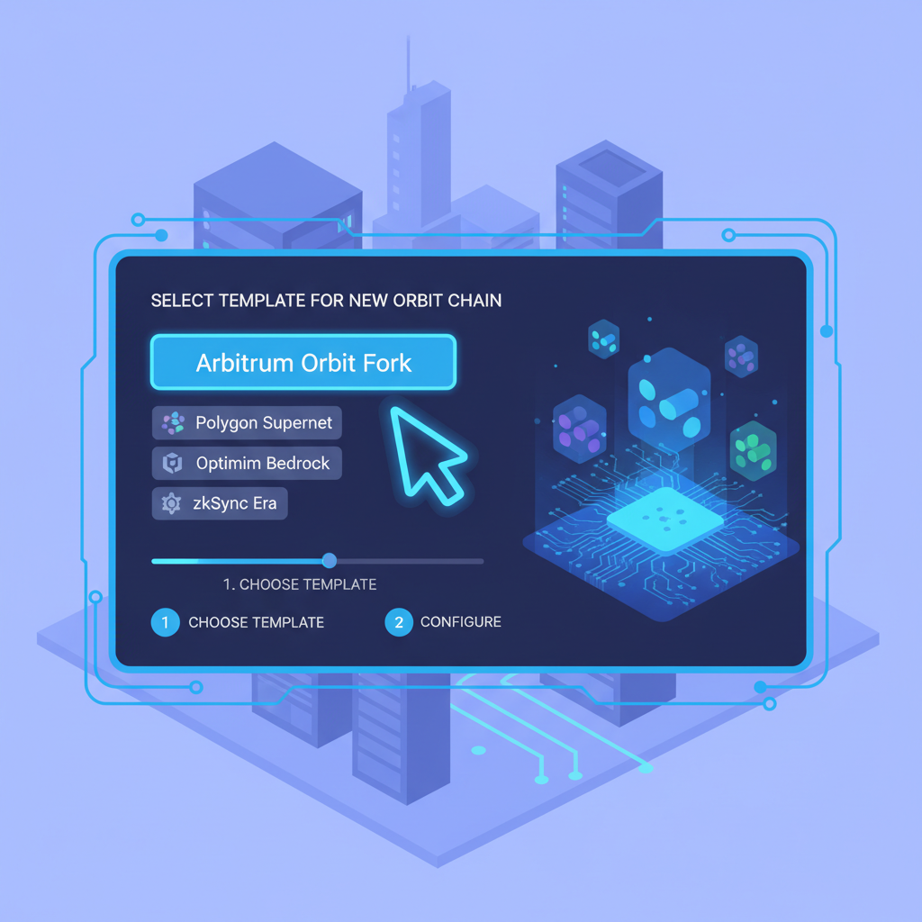 sleek developer dashboard selecting Arbitrum Orbit fork template, holographic blockchain icons, futuristic blue neon glow