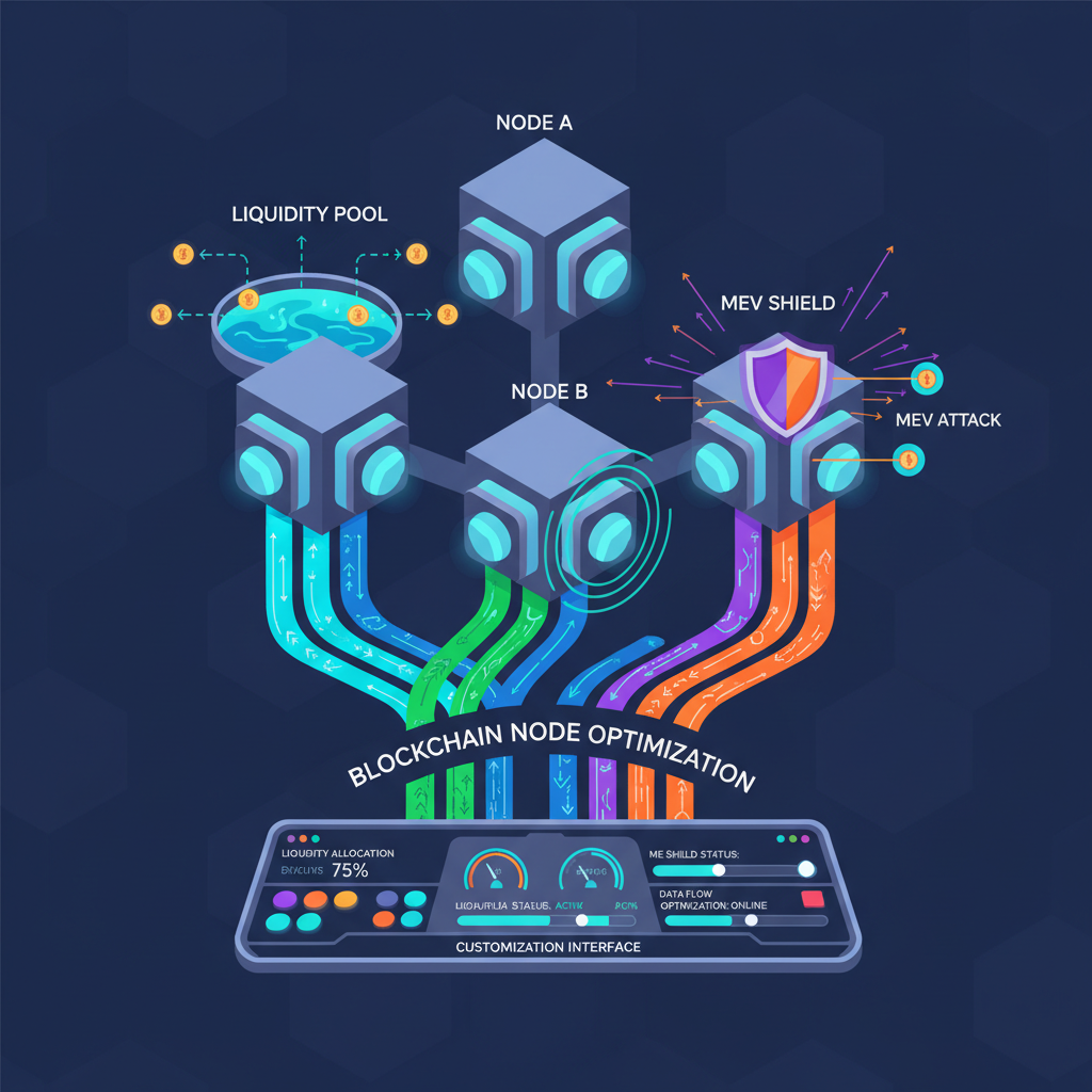 customizing blockchain nodes with liquidity pools and MEV shields, vibrant data flows, high-tech control panel