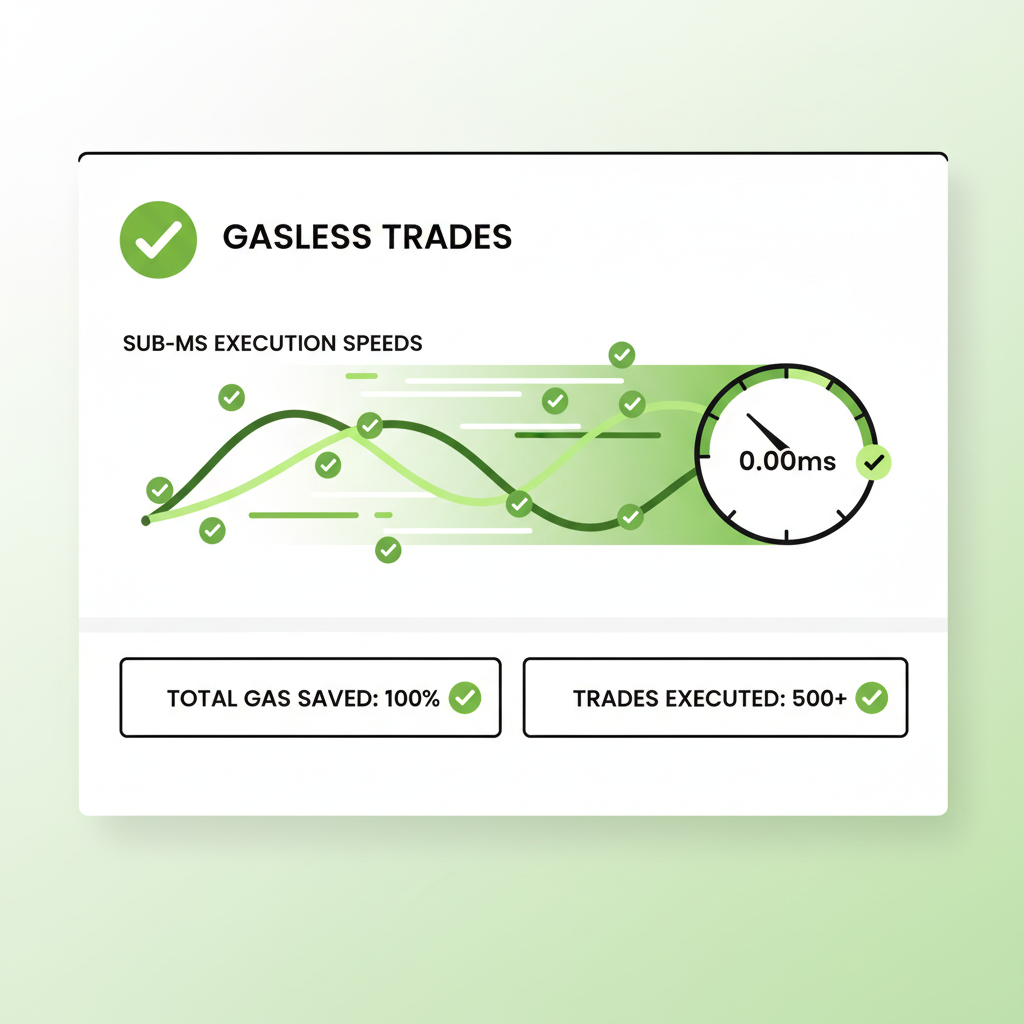testing dashboard showing gasless trades and sub-ms execution graphs, speed lines and checkmarks, dynamic green interface