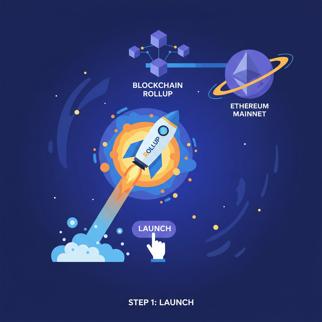 rocket launching blockchain rollup to Ethereum mainnet, explosive deployment visuals, starry cosmos background