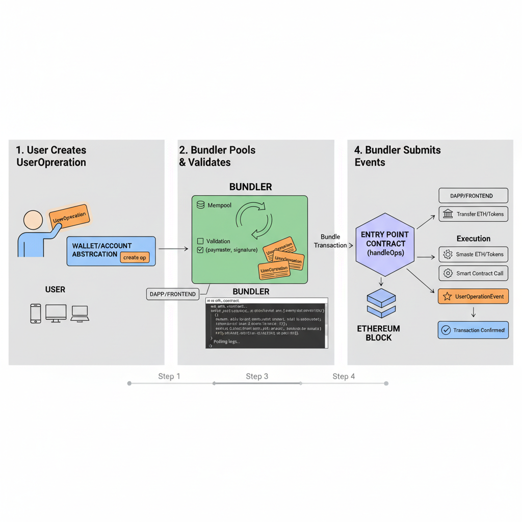 Code snippet polling Ethereum mempool for UserOperations, terminal logs showing fetched ops, EntryPoint contract diagram