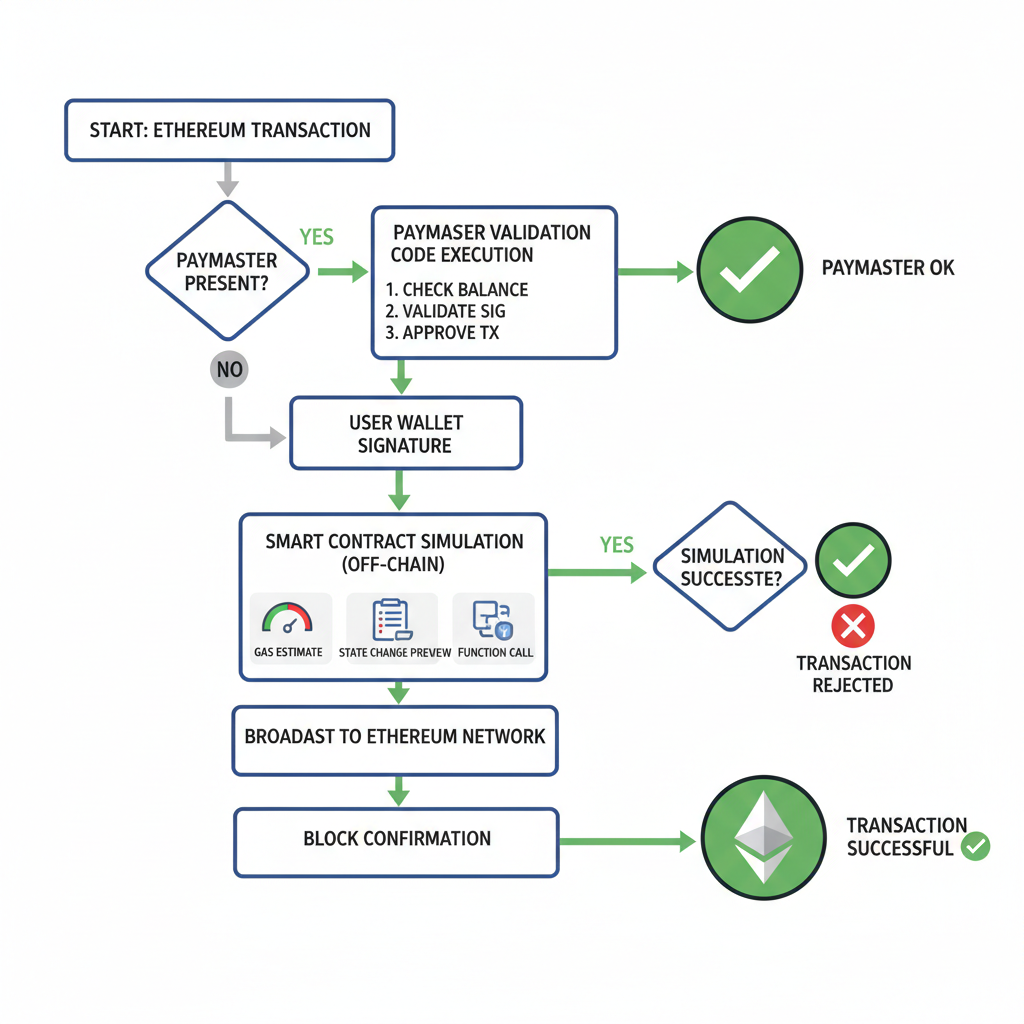 Smart contract simulation flowchart, paymaster validation code, Ethereum transaction diagram with green checkmarks