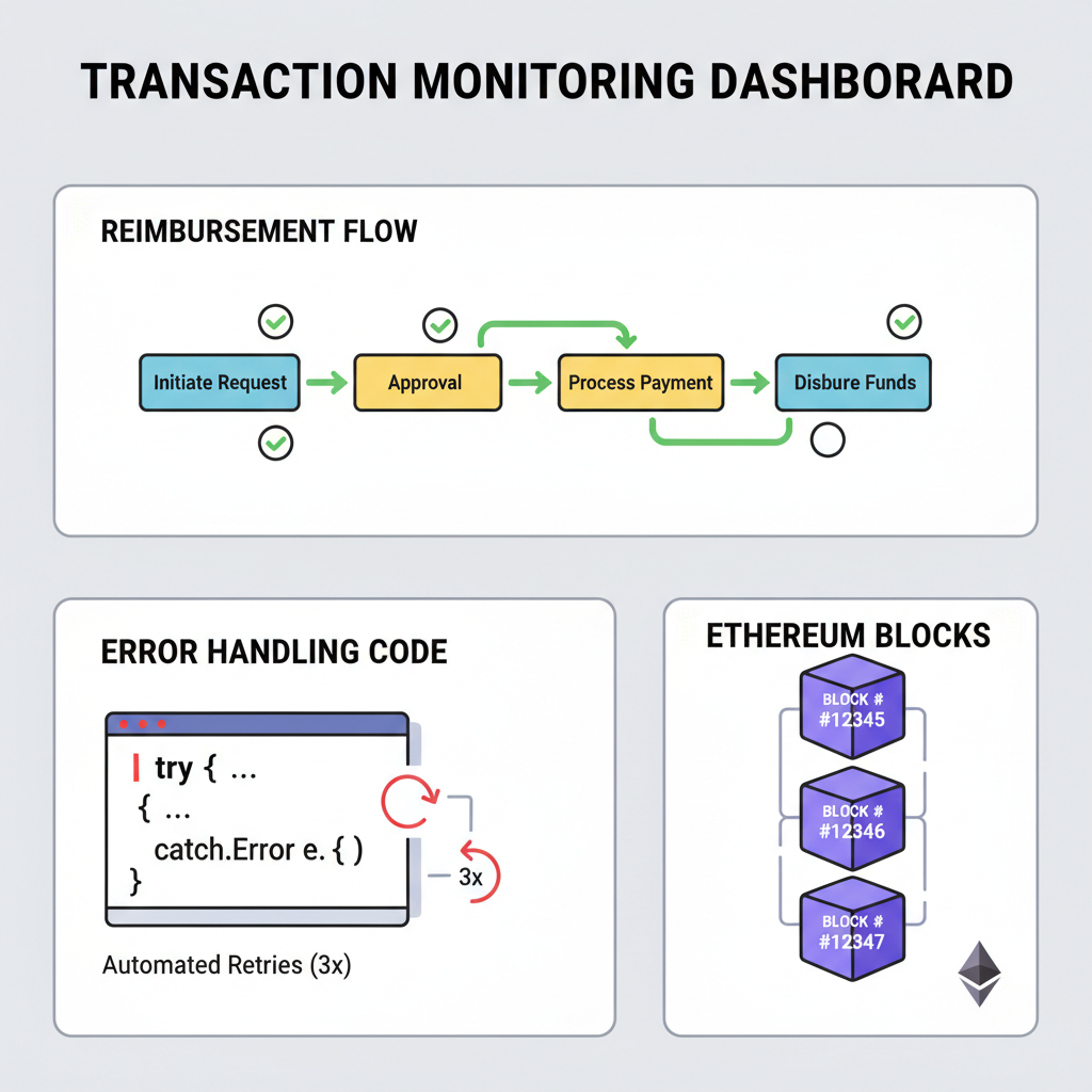 Transaction monitoring dashboard, reimbursement flow diagram, error handling code with retry icons, Ethereum blocks