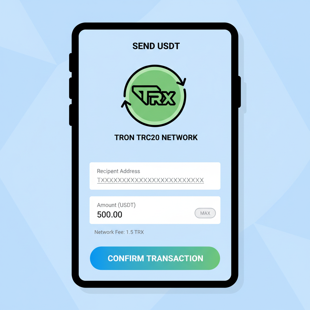 crypto wallet interface sending USDT on Tron TRC20 network to exchange deposit address