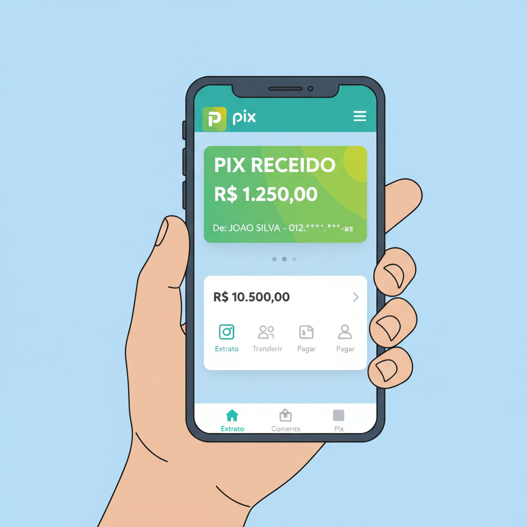 Brazilian bank mobile app displaying incoming Pix BRL transfer notification