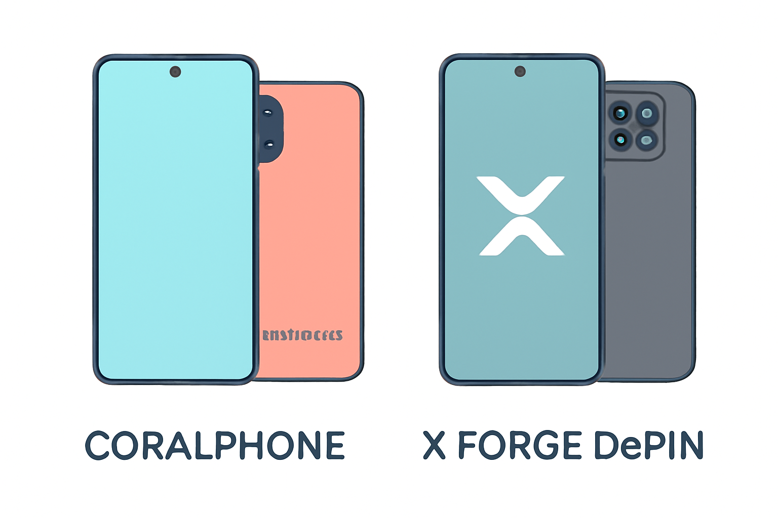 A side-by-side comparison of CoralPhone and X FORGE DePIN smartphones, highlighting their modern designs and branding, on a clean white background.
