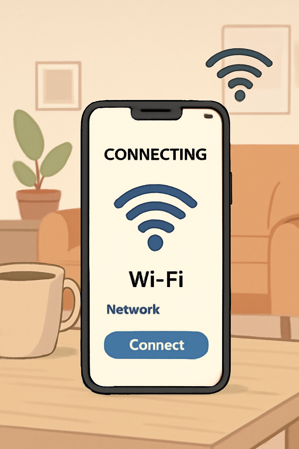 A smartphone connecting to Wi-Fi, with signal icons and setup screens visible, in a cozy home environment.