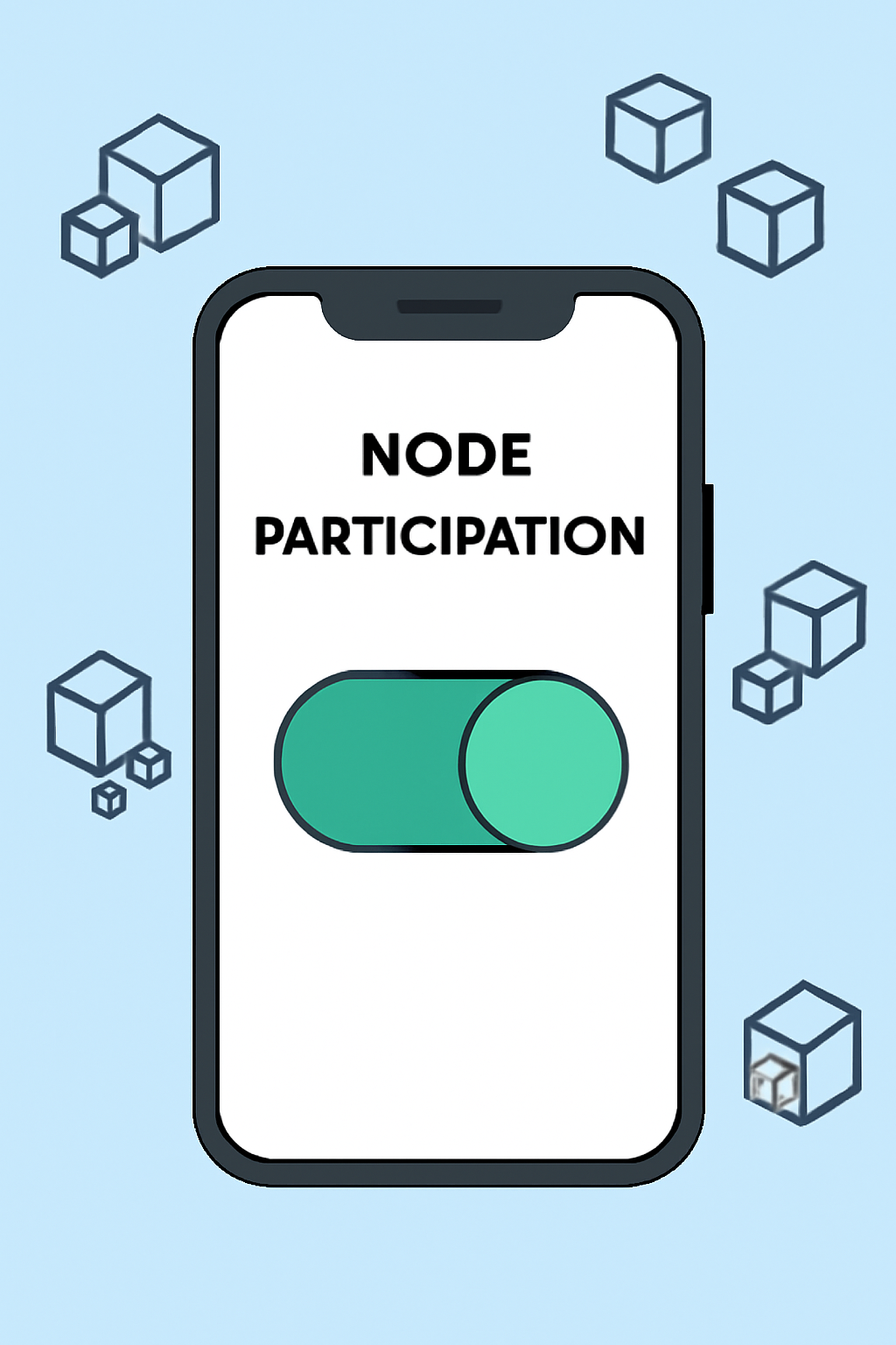 A smartphone screen showing a simple toggle switch to activate node participation, with blockchain icons in the background.