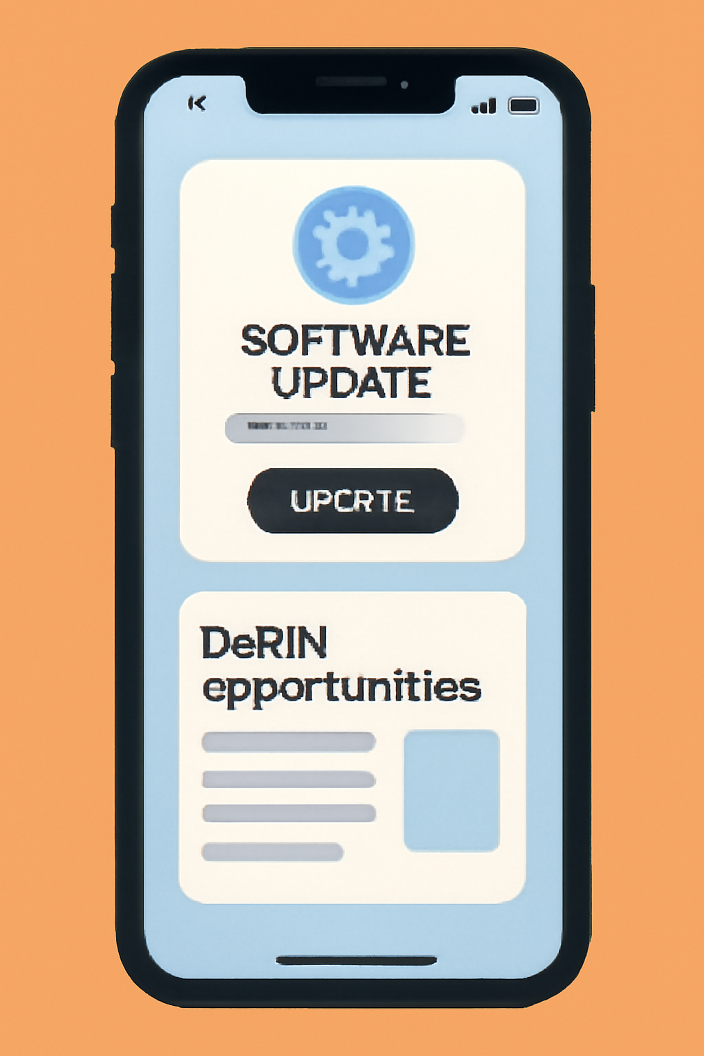 A smartphone showing a software update notification and a news feed about DePIN opportunities.