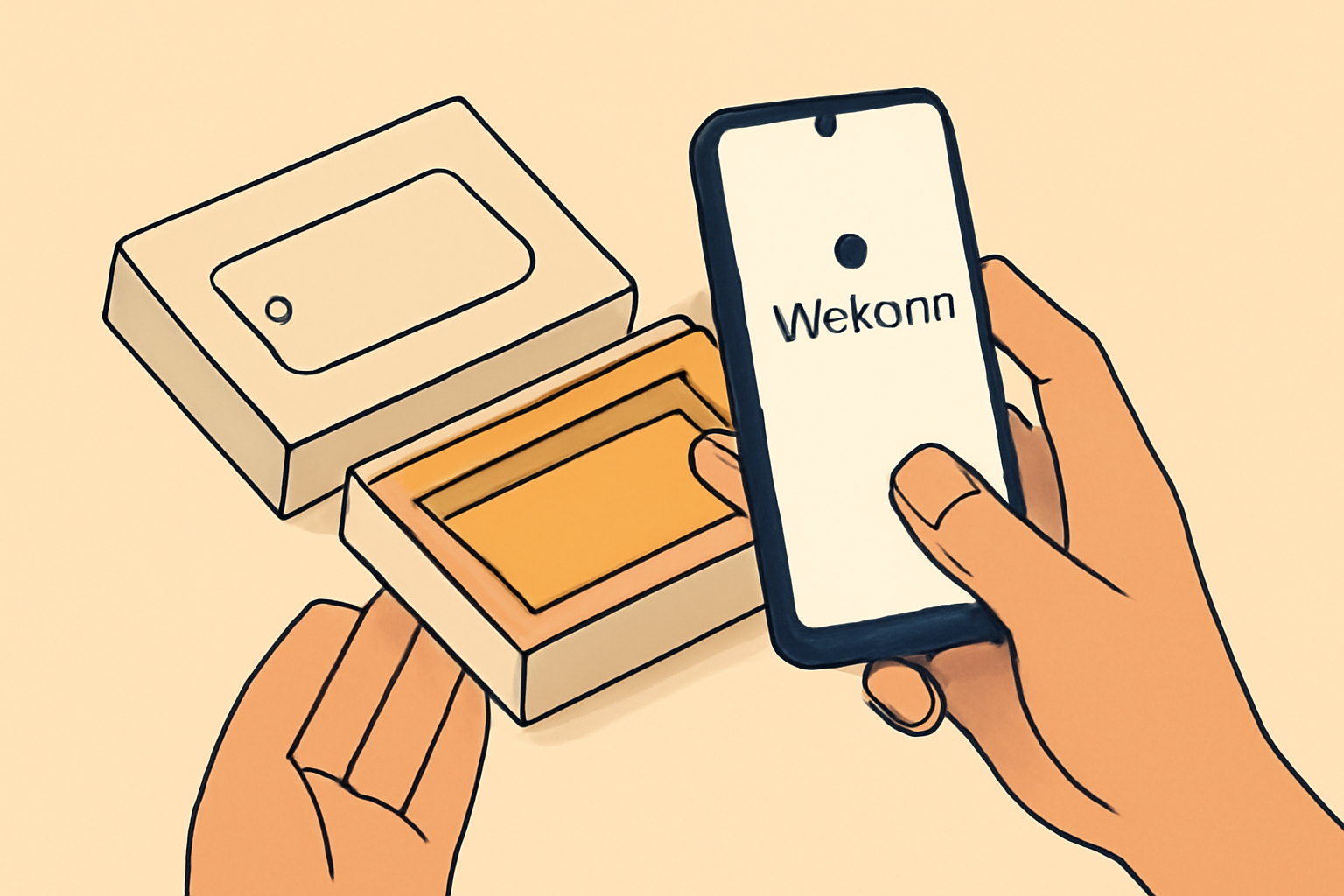 A person unboxing a new smartphone and pressing the power button, with a welcoming startup screen displayed.