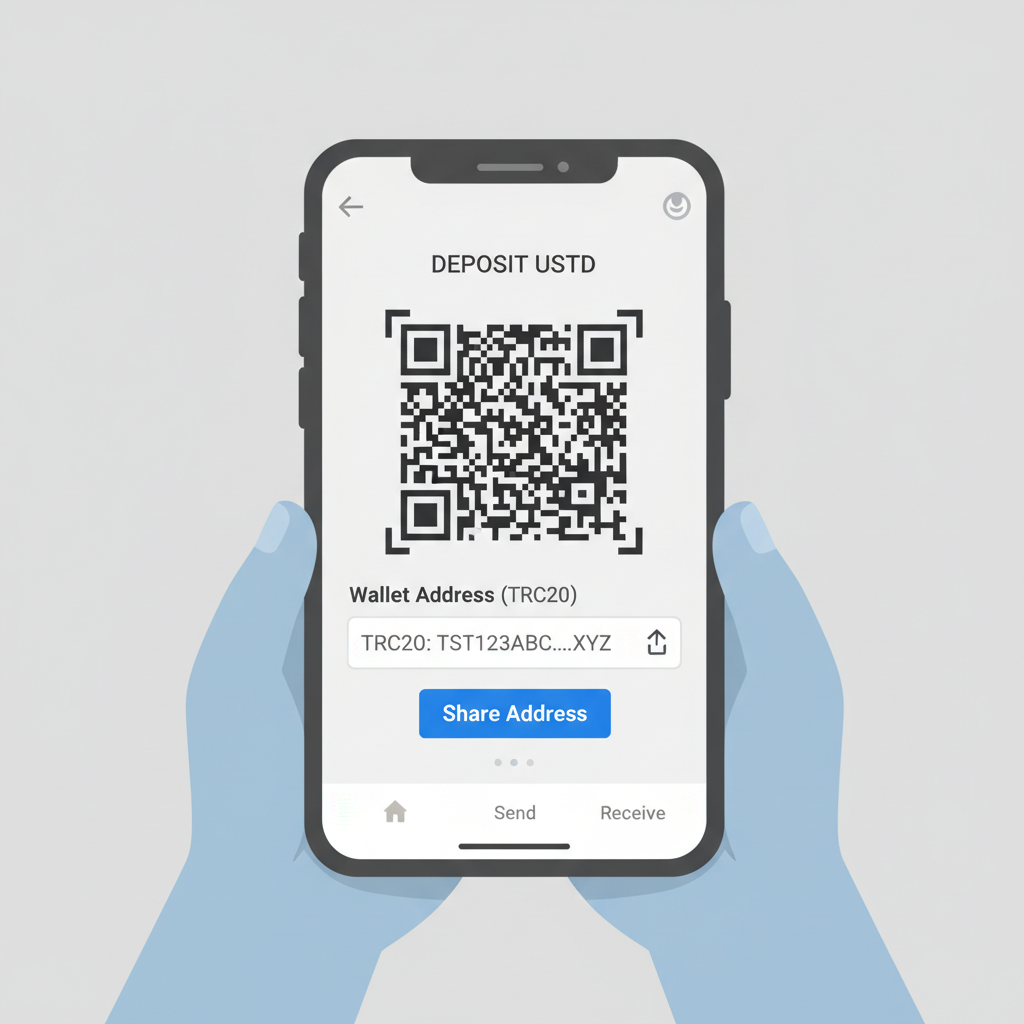 Smartphone displaying Ripio wallet deposit USDT screen with QR code and address