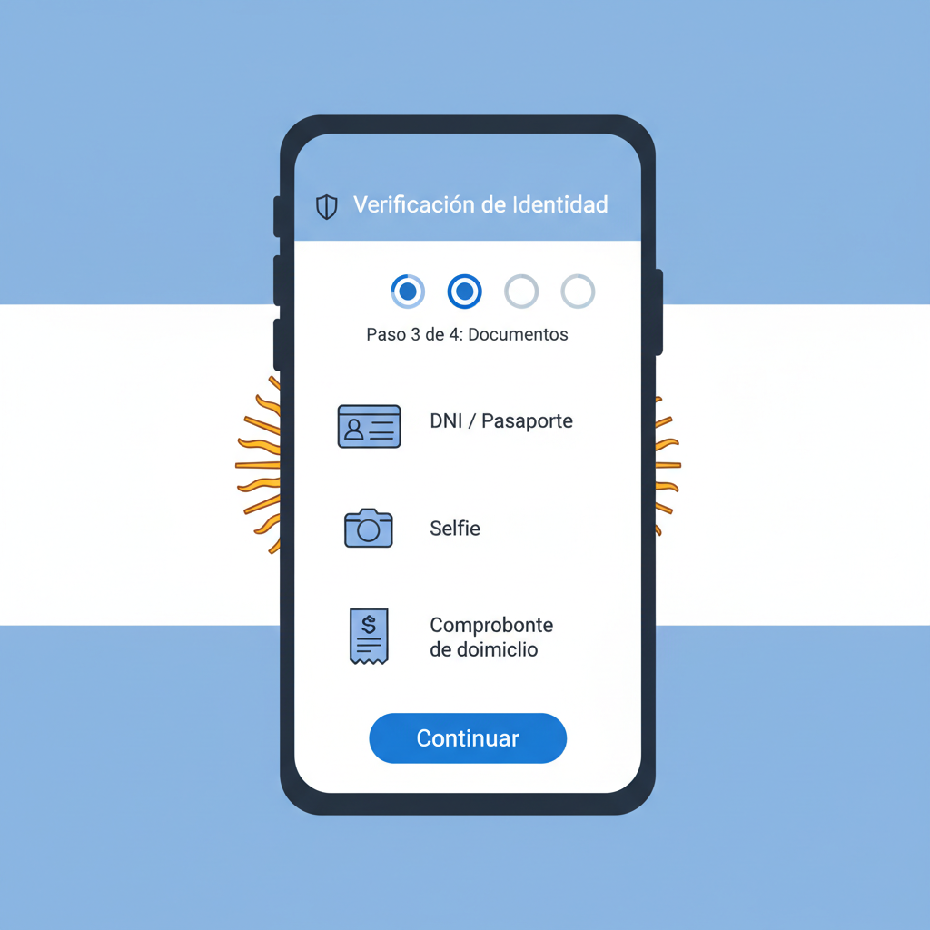 Android phone screen showing Ripio app KYC verification form, clean interface, Argentine flag background