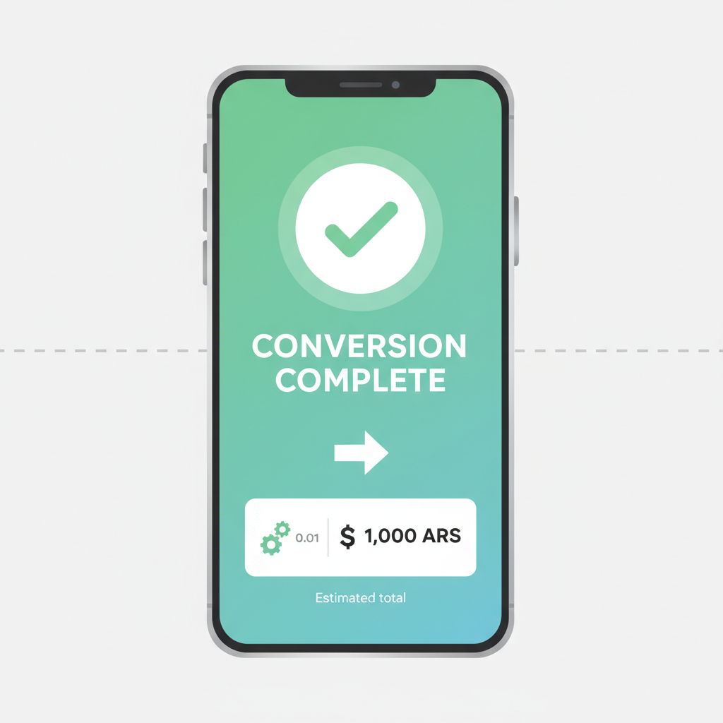 World App confirmation screen showing crypto to ARS conversion, green checkmark, peso symbol