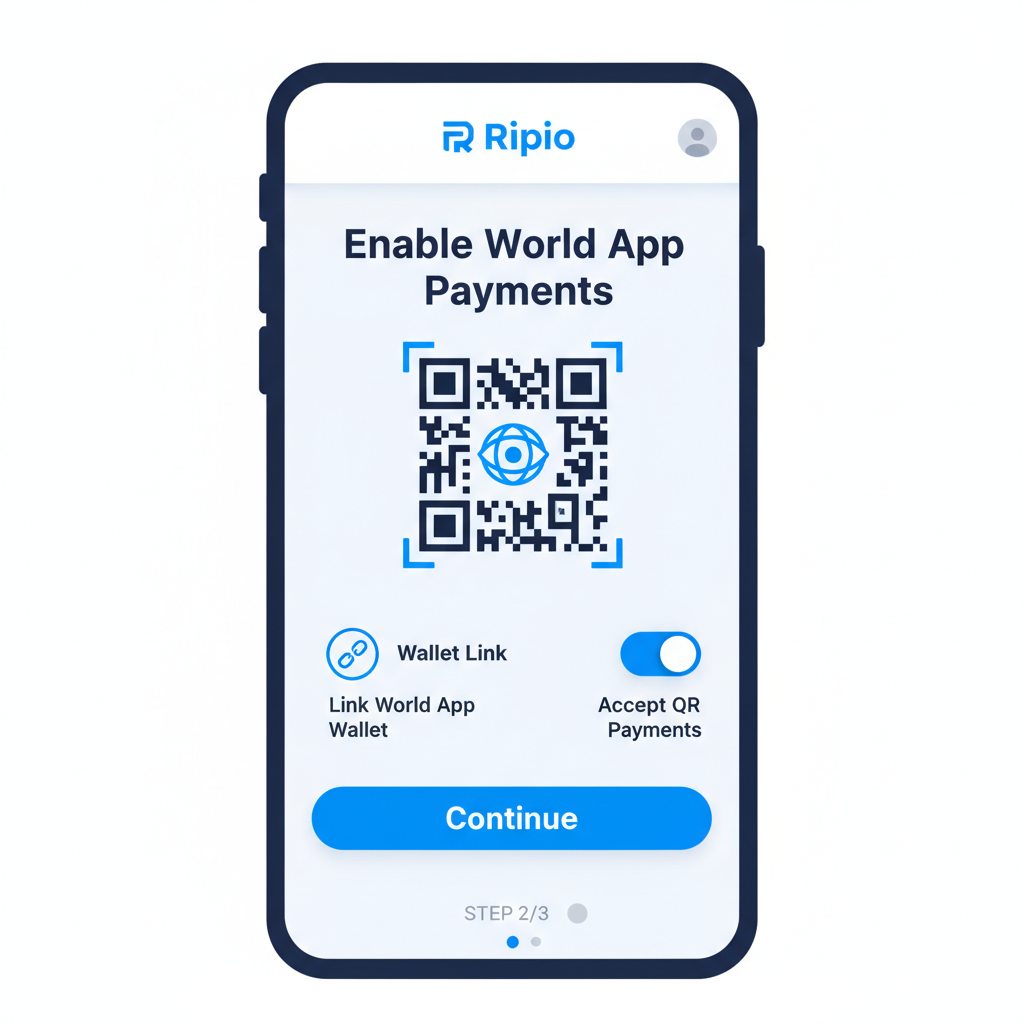 Ripio app interface enabling World App QR payments, icons of wallet link and toggle switch
