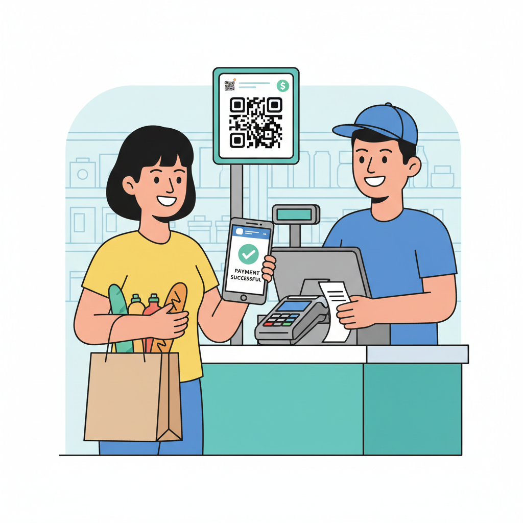 Happy customer at checkout receiving goods after QR payment, phone notification of success