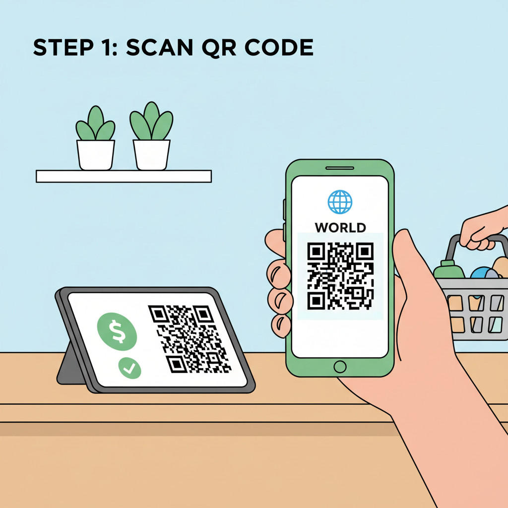 Person scanning QR code at store counter with Android phone, World App open, merchant display