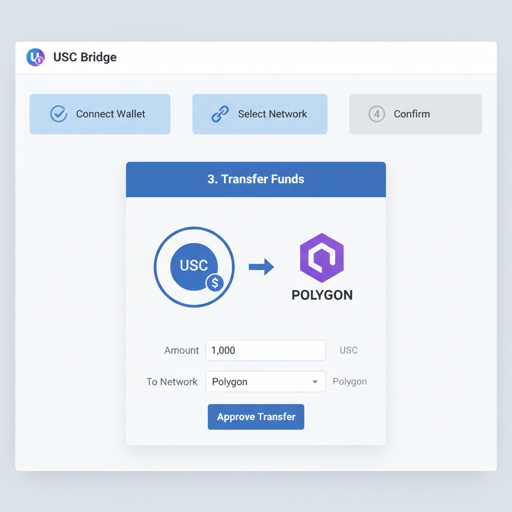 USDC bridge interface depositing to Polygon network, transfer graphic, clean web UI