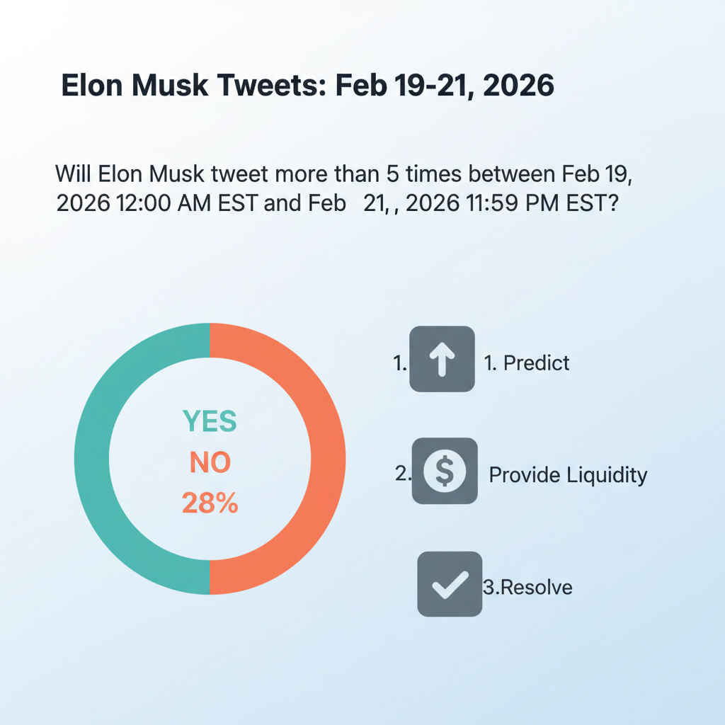Polymarket event page for Elon Musk tweets February 19-21 2026, market title visible, prediction odds chart