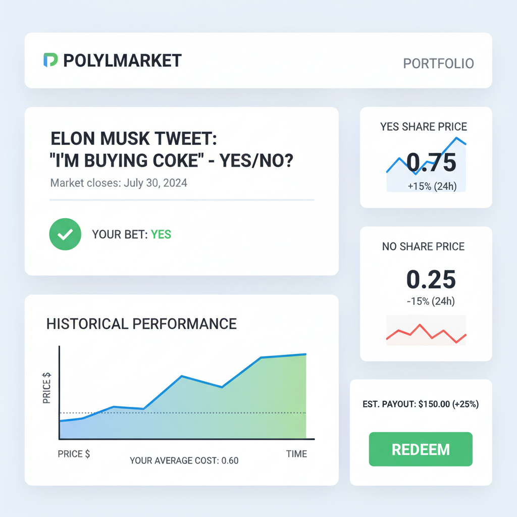 Polymarket portfolio dashboard monitoring Elon Musk tweet bet, charts and redeem button